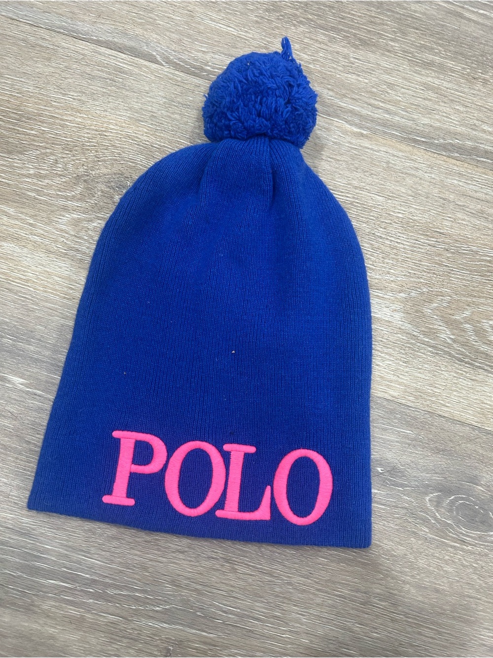 Polo by Ralph Lauren Royal Blue Knit Pom Beanie with Pink Logo